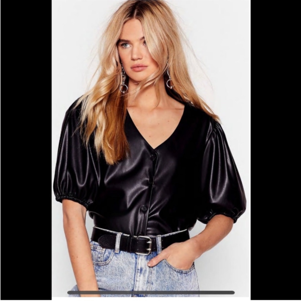 Nasty Gal puff Shoulder Faux Leather Button Up Shirt | Size US 6